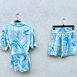Suboo Psychedelic Agate Print Shirt & Elastic Waist Shorts Set Blue Womens Small