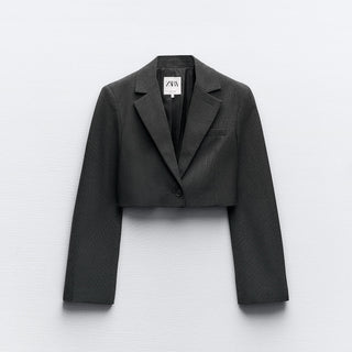 NWT Zara Crop Pinstripe Notched One-Button Blazer Dark Gray Women's Size Medium
