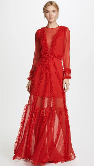 Alexis 100% Silk Cascading Ruffles Janine Evening Maxi Dress Red Women's Size XS