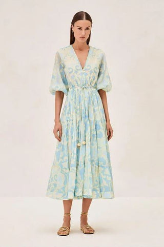 NWT Alexis Vine Print Vilas Tiered Tie Waist Midi Dress Blue Women's Size Small