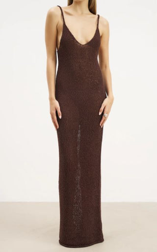 Boa Crochet Knit Plunging V-Neck Cami Maxi Dress Carob Brown Women's Size XS
