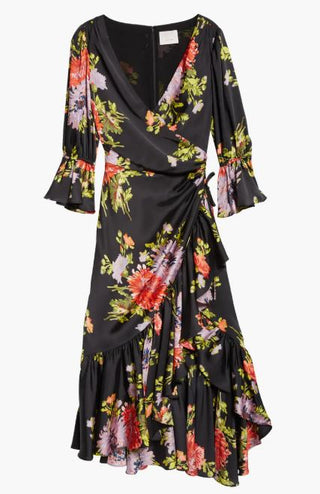 Cinq à Sept Theda Chrysanthemum-Print Ruffle Faux-Wrap Midi Dress Black Womens 8