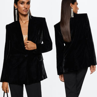 MNG Velvet Single Breasted V-Neck Suit Blazer Jacket Black Women's Size Medium