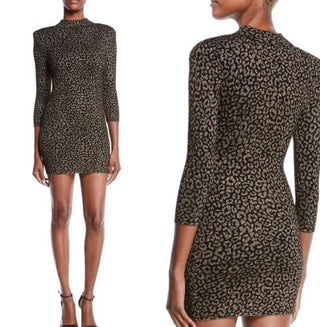 A.L.C. Mahry Leopard Mock Neck Mini Bodycon Dress Metallic Black Gold Women's XS