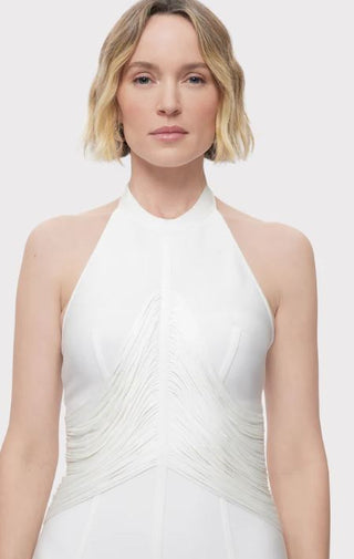 NWT Herve Leger Draped Waist Halter Fringe Gown Alabaster Women's Size Medium