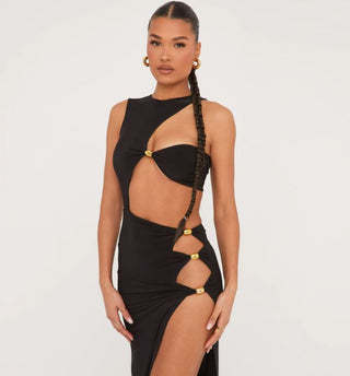 EGO Extreme Cut Out Gold Beaded Split Leg Asymmetric Maxi Dress Black Women's XS
