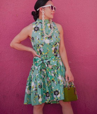 Pearl By Lela Rose Floral Poplin Belted Flounce Hem A-Line Dress Mint Women's S