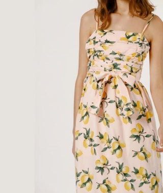 Moodie Belted Poplin Lemon Pleated Midi A-Line Dress Light Pink Women's Size XS