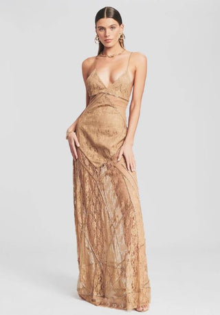 Retrofête Gianni Beaded Geometric Lace Maxi Dress Champagne Women's Size Medium