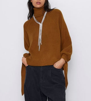 Zara Ribbed Tie Cuff Turtleneck Pullover Sweater Rust Brown Women's Size Medium