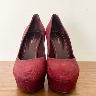 Sergio Rossi Embossed Platform Stiletto Heels Shoes Burgundy Women's Size 37 / 7
