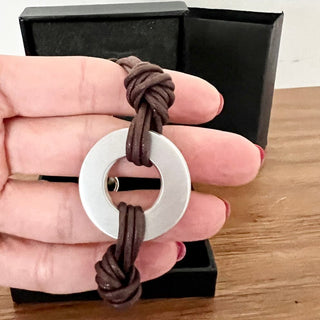 NWT Hugo Boss Waxed Cotton Bracelet Matte Brown Silver Tone Women's