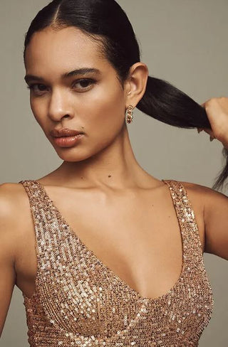 NWT Delfi Collective Hannah Sequin Asymmetric Mini Dress Bronze Women's Medium