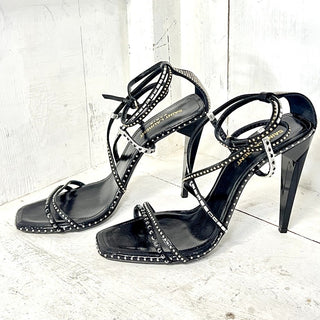 Saint Laurent Leather Crystal Embellished Cone Heel Strappy Sandals Black 39/8.5