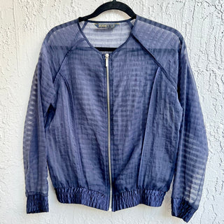 Zara Striped Organza Long Sleeve Full Zip Bomber Sheer Jacket Navy Womens Medium