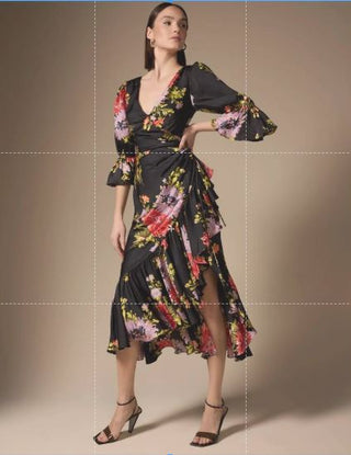 Cinq à Sept Theda Chrysanthemum-Print Ruffle Faux-Wrap Midi Dress Black Womens 8