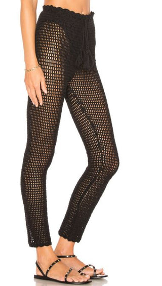 MAJORELLE Hilary Open Knit Crochet Tasseled High Rise Pant Black Women's Size XS