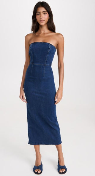 NWT Reformation Jeans Eugenia Denim Strapless Midi Dress Simcoe Blue Women's 4