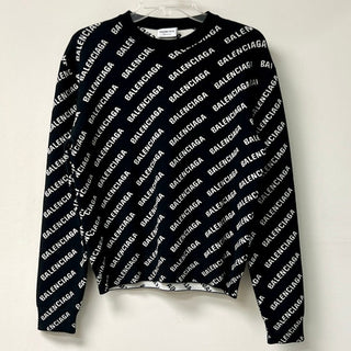 Balenciaga All Over Logo Long Sleeve Crewneck Sweater Black/White Womens Size XS
