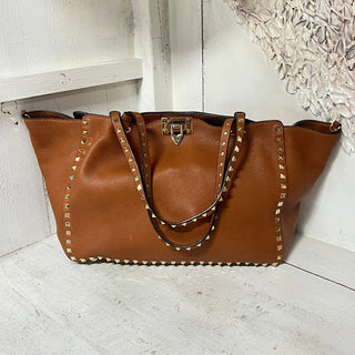 Valentino Garavani Rockstud Pebbled Leather Medium Tote Handbag Brown