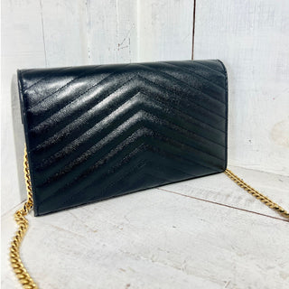 YSL Yves Saint Laurent Cassandre Leather Envelope Crossbody Bag With Chain Strap