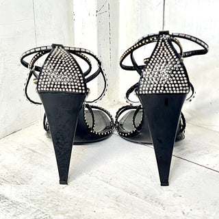 Saint Laurent Leather Crystal Embellished Cone Heel Strappy Sandals Black 39/8.5