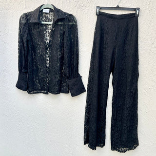 Runaway Mae Floral Lace Shirt & Wide Leg Pants Set Black Women's Size XS / US 2