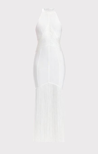 NWT Herve Leger Draped Waist Halter Fringe Gown Alabaster Women's Size Medium