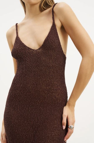 Boa Crochet Knit Plunging V-Neck Cami Maxi Dress Carob Brown Women's Size XS