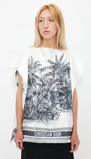 NWT Dior Capes Toile De Jouy Silk Palm Poncho Top Blue  Women's Size U/ one size fits all