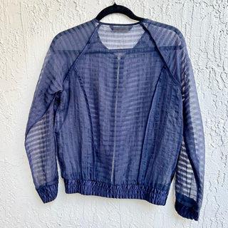 Zara Striped Organza Long Sleeve Full Zip Bomber Sheer Jacket Navy Womens Medium