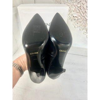 NIB $1.200 Celine Triangle Heel Metallic Toe Leather Pump Black Women's Sz 35.5