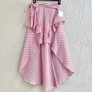 NWT Fanco Coral Stripe High Low Hem Ruffle Maxi Skirt Tie Waist Red Womens Small