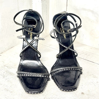 Saint Laurent Leather Crystal Embellished Cone Heel Strappy Sandals Black 39/8.5