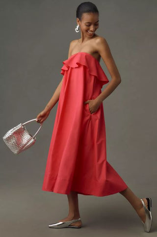 By Anthropologie Strapless Flounce A-Line Midi Dress Fuchsia Pink Women's Small