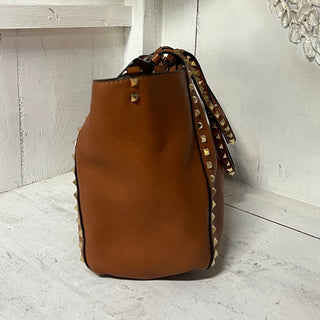 Valentino Garavani Rockstud Pebbled Leather Medium Tote Handbag Brown