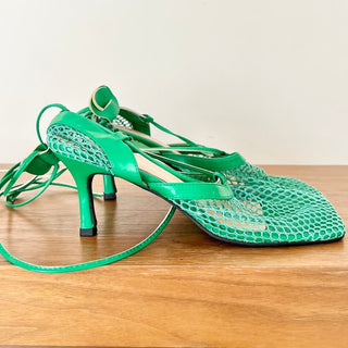 SuoShi QI Wrap Ankle Strap Fishnet Mesh Sandal Green Women's Size 39 / 8.5