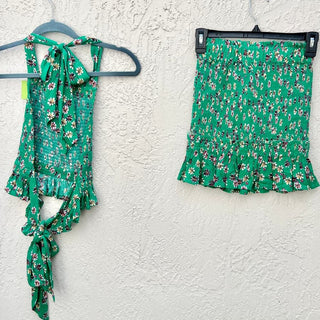 NWT Wild Flower Smocked Floral Open Back Tie Top Medium & Mini Skirt Green Small