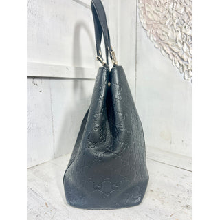 Gucci Guccissima Embossed Leather Flat Top Handle Tote Bag Black