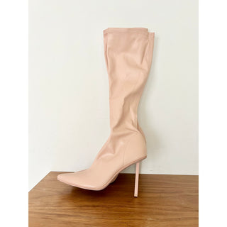 NWOT Femme LA Leather Almond Toe Knee High Stiletto Boots Beige Women 38 / 7.5