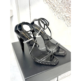 Saint Laurent Leather Crystal Embellished Cone Heel Strappy Sandals Black 39/8.5