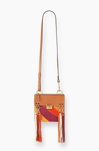 Chloe Jane Caramel Calfskin Suede Fringe Rainbow Patchwork Crossbody Satchel Bag