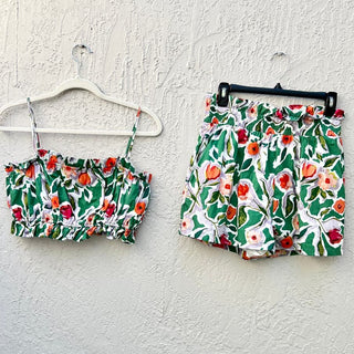 English Factory Floral Print Crop Top &High Rise Shorts Set Green Women's Medium