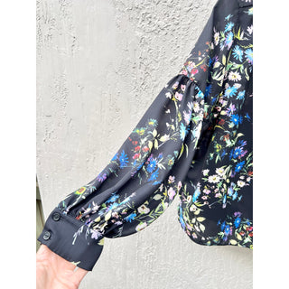 $248 Parker Long Sleeve Floral Print V-Neck Tie Top Blouse Black Women's Large