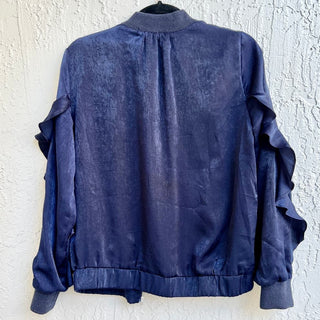 Blush Ruffle Long Sleeve Ribbed Knit Zip Up Bomber Jacket Blue Women's Size XS