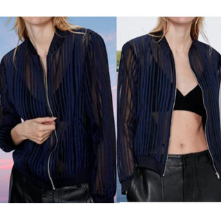 Zara Striped Organza Long Sleeve Full Zip Bomber Sheer Jacket Navy Womens Medium