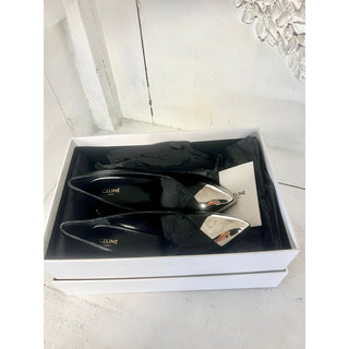 NIB $1.200 Celine Triangle Heel Metallic Toe Leather Pump Black Women's Sz 35.5