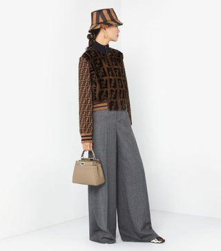 Fendi Knit And Inlaid Mink Fur Zucca Print Crop Bomber Jacket Fogge Womens IT 42 / US 6