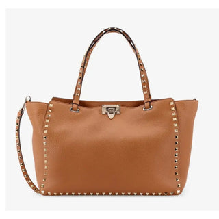 Valentino Garavani Rockstud Pebbled Leather Medium Tote Handbag Brown