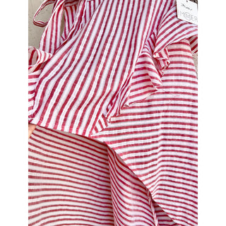 NWT Fanco Coral Stripe High Low Hem Ruffle Maxi Skirt Tie Waist Red Womens Small